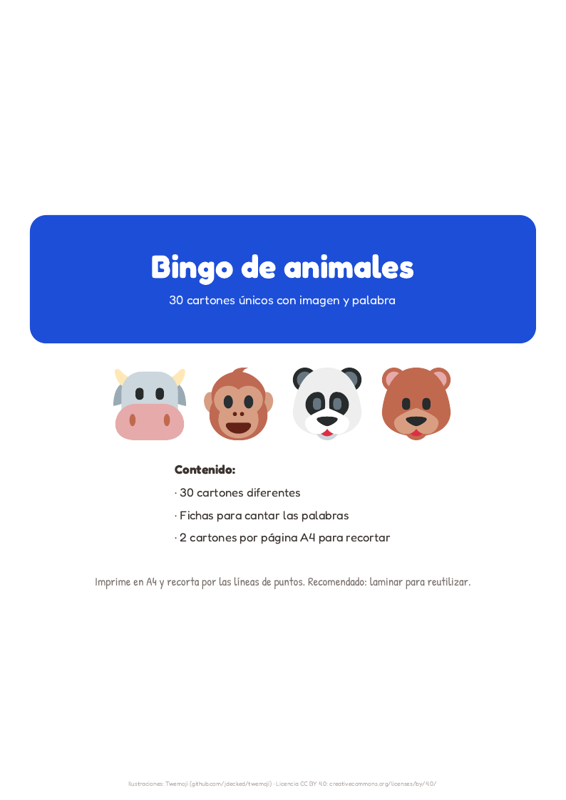 Portada del pack Bingo de animales