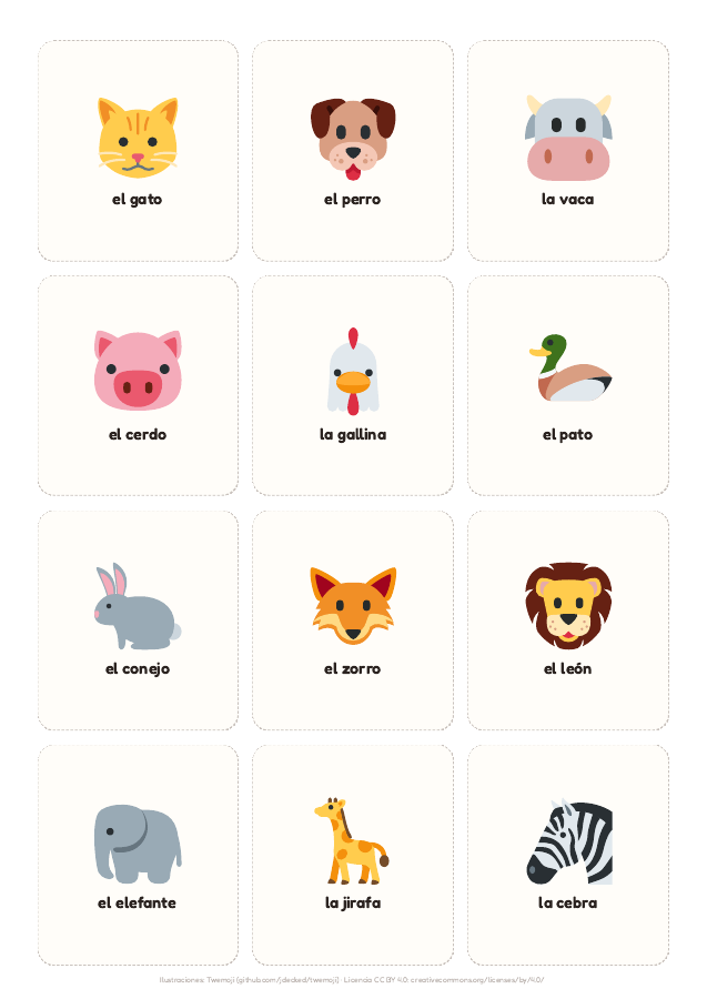 Página 3 de «Tarjetas de animales»: interior del material imprimible