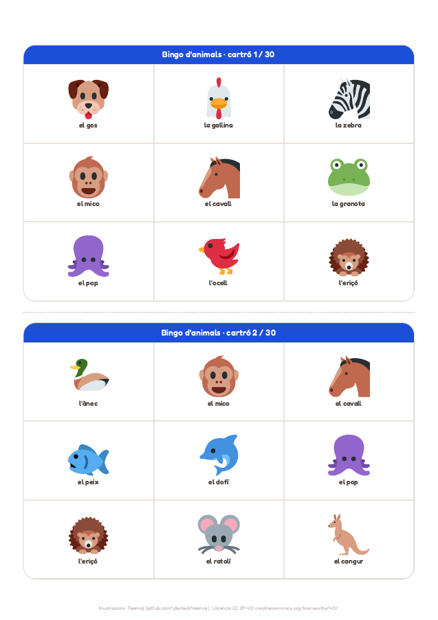Pàgina 3 de «Bingo d’animals»: interior del material imprimible