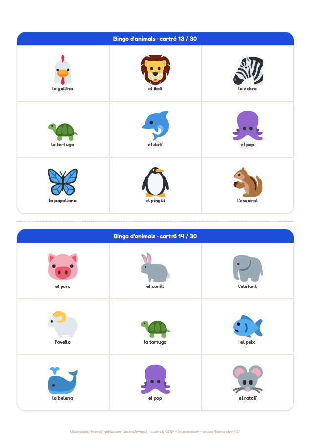 Pàgina 9 de «Bingo d’animals»: interior del material imprimible