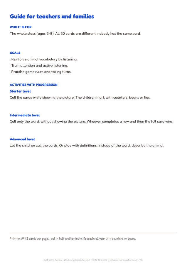 Page 2 of "Animal bingo": inside the printable material