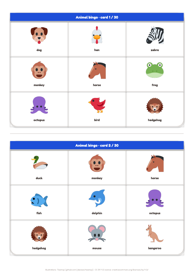 Page 3 of "Animal bingo": inside the printable material