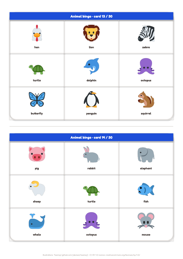 Page 9 of "Animal bingo": inside the printable material