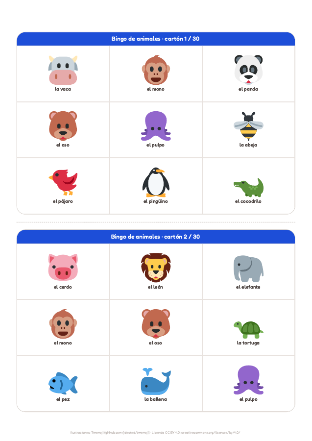 Página 3 de «Bingo de animales»: interior del material imprimible