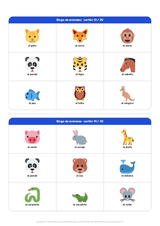 Página 9 de «Bingo de animales»: interior del material imprimible