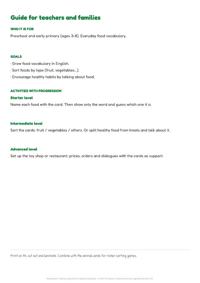 Page 2 of "Food cards": inside the printable material