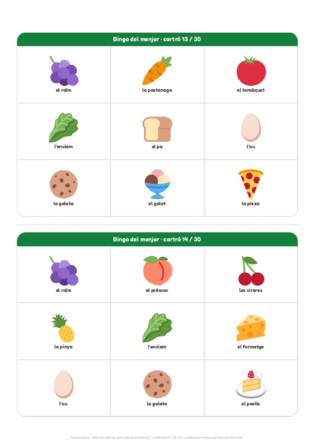Pàgina 9 de «Bingo del menjar»: interior del material imprimible