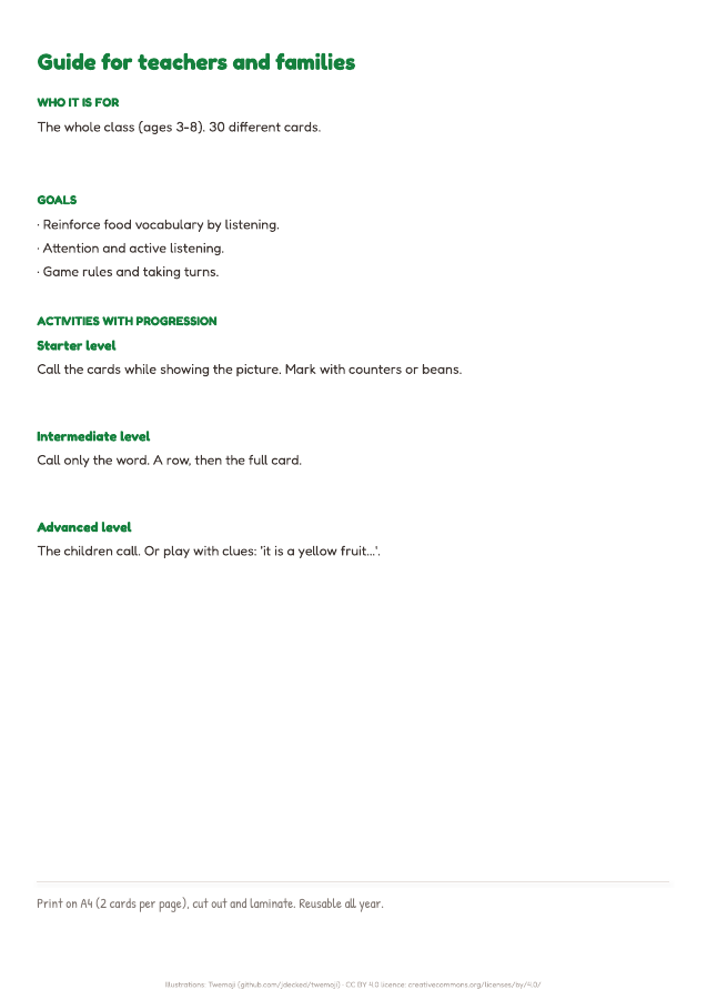 Page 2 of "Food bingo": inside the printable material