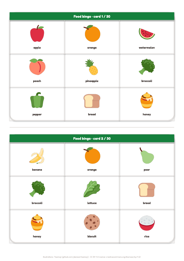 Page 3 of "Food bingo": inside the printable material