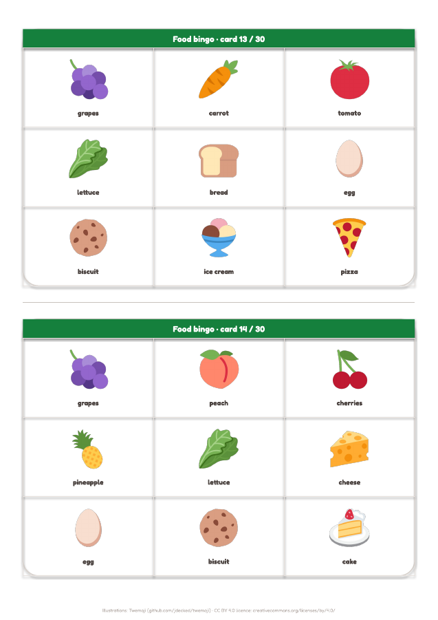 Page 9 of "Food bingo": inside the printable material