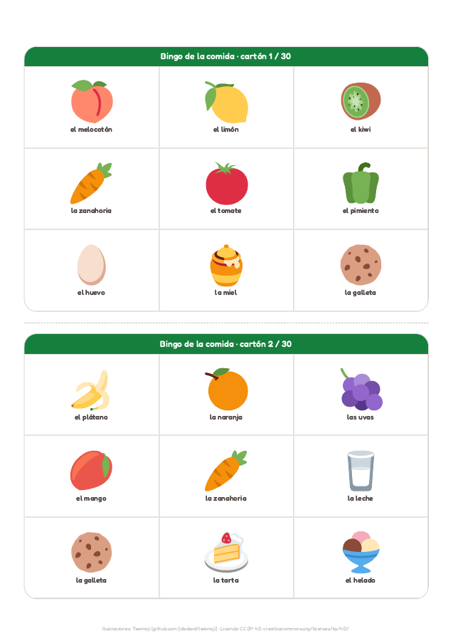 Página 3 de «Bingo de la comida»: interior del material imprimible