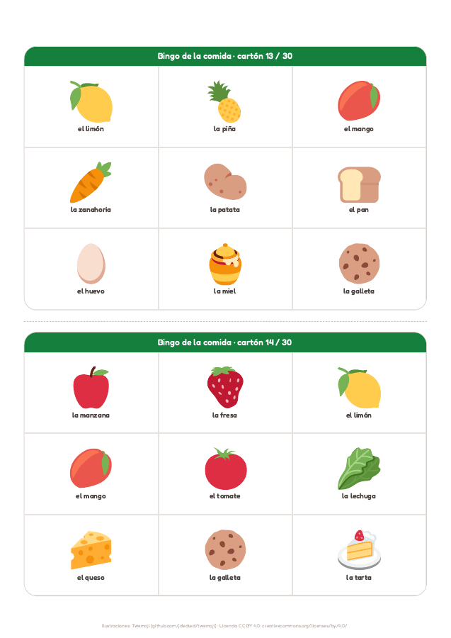 Página 9 de «Bingo de la comida»: interior del material imprimible