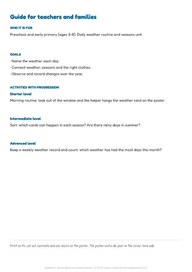 Page 2 of "Weather and seasons": inside the printable material